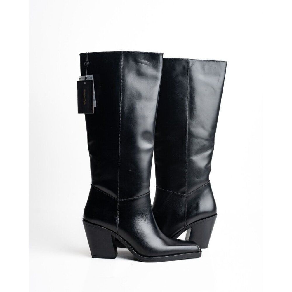 Massimo Dutti Knee High Boots Heeled Leather Black EU 40 US 9 1062/250 NWT